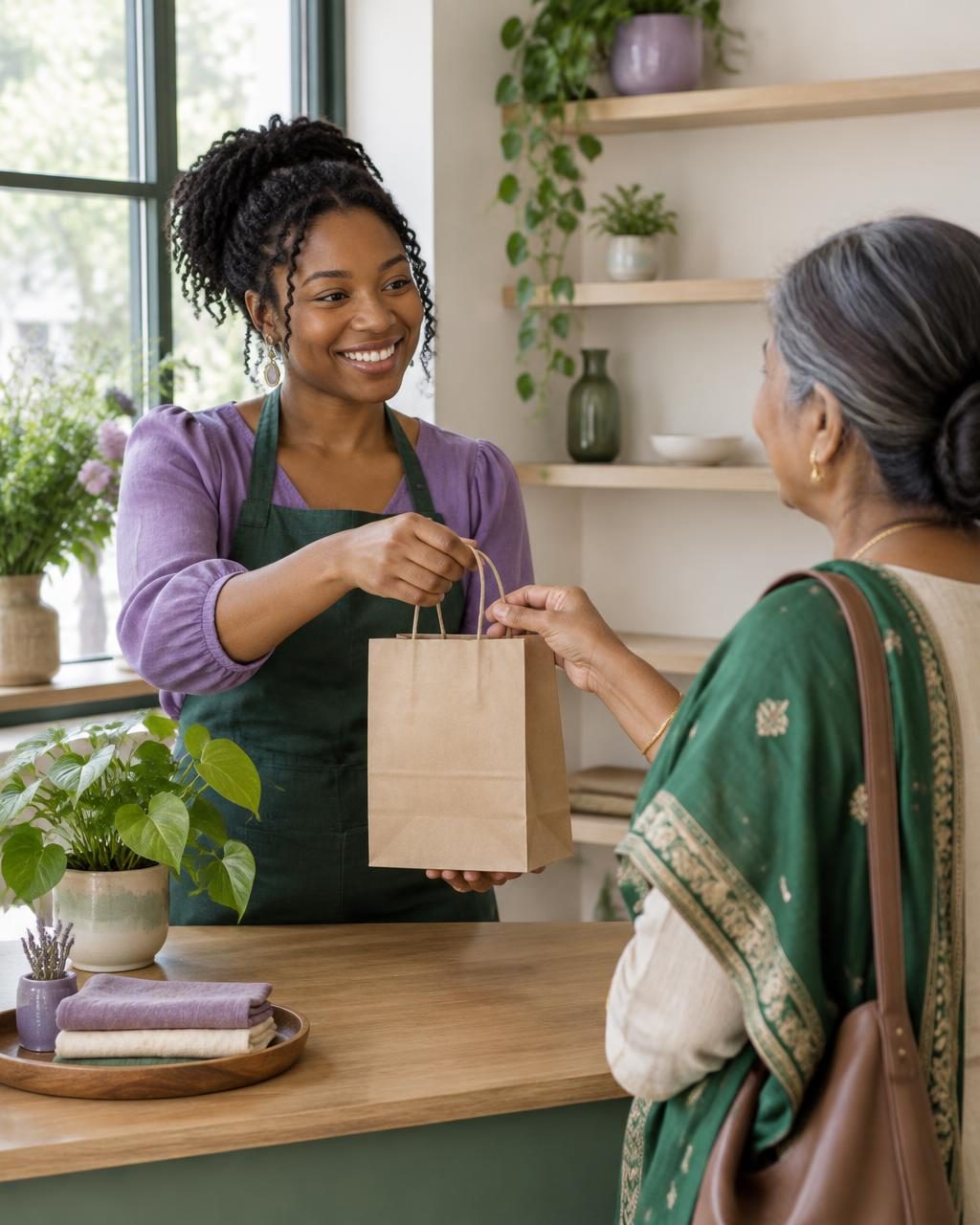 A business owner arranging products in a bright, welcoming shop