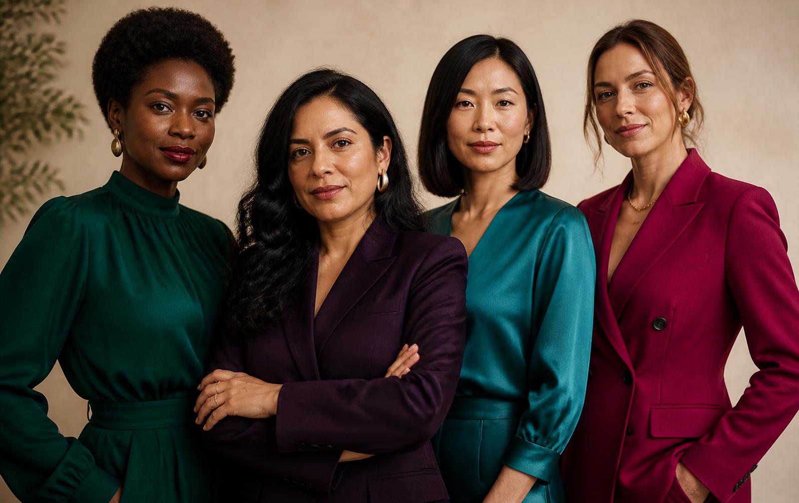 Four women entrepreneurs talking together in a bright lounge
